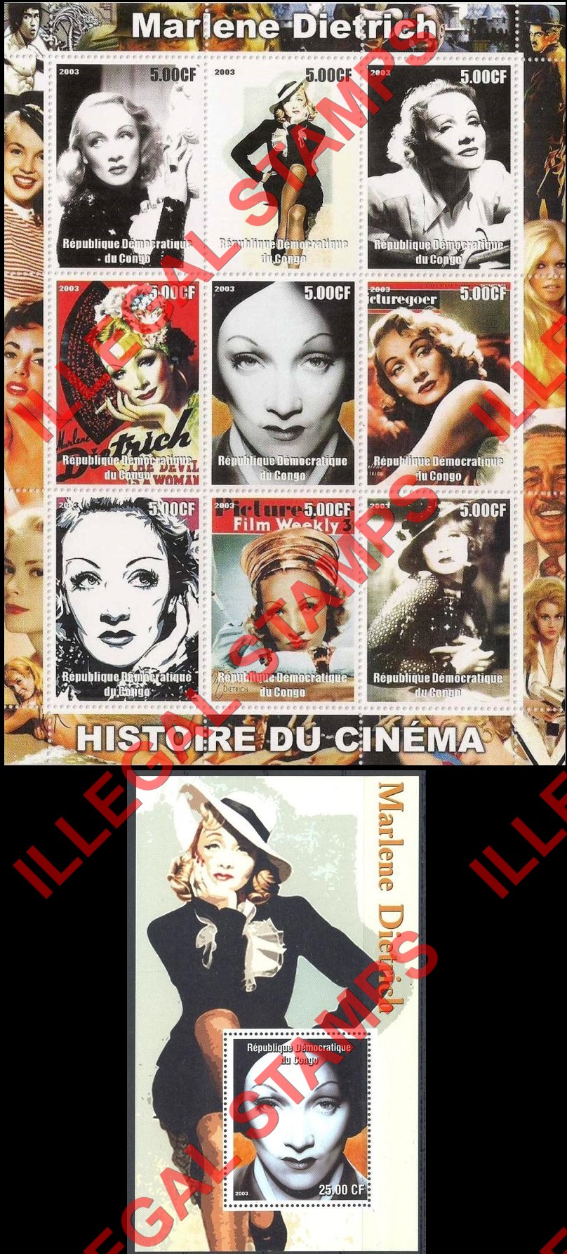 Congo Democratic Republic 2003 History of Cinema Marlene Dietrich Illegal Stamp Sheet of 9 and Souvenir Sheet of 1