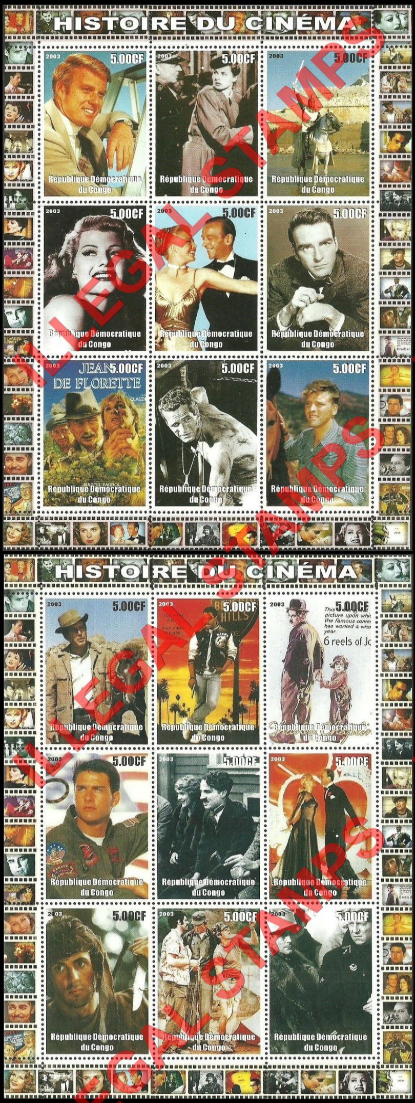 Congo Democratic Republic 2003 History of Cinema Illegal Stamp Sheets of 9 (Part 1)