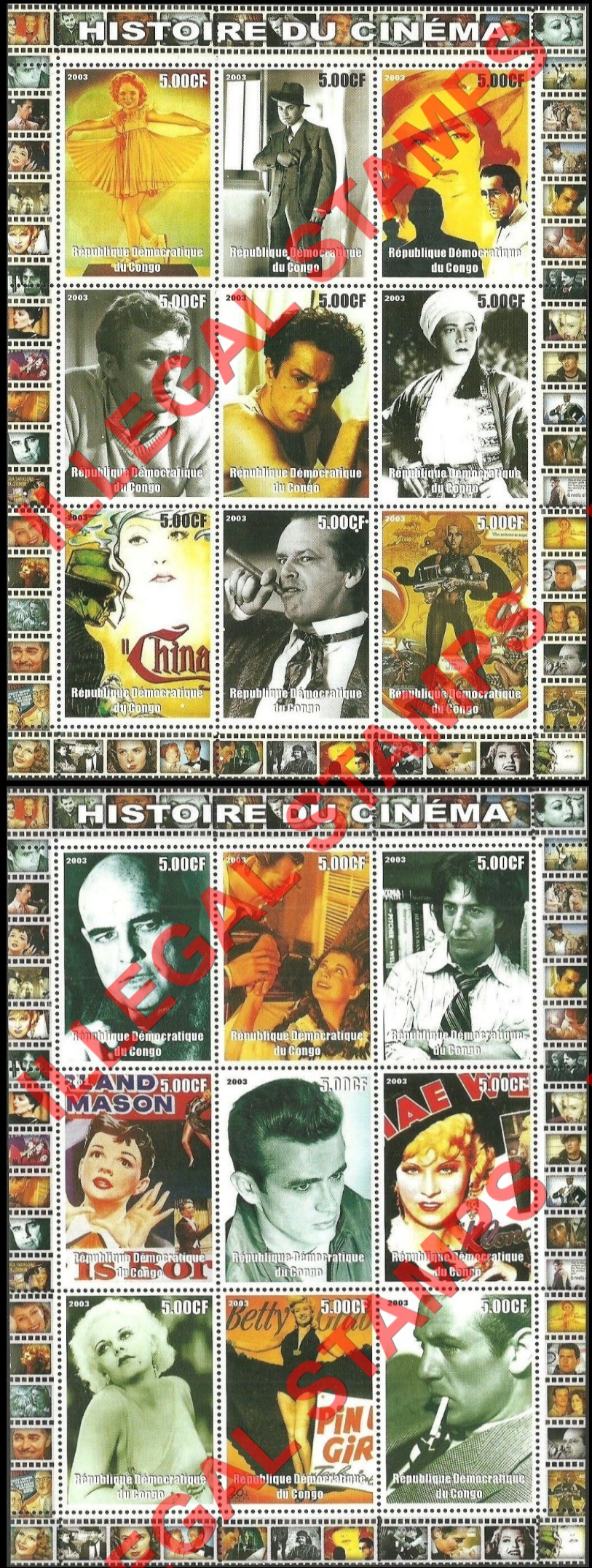 Congo Democratic Republic 2003 History of Cinema Illegal Stamp Sheets of 9 (Part 2)