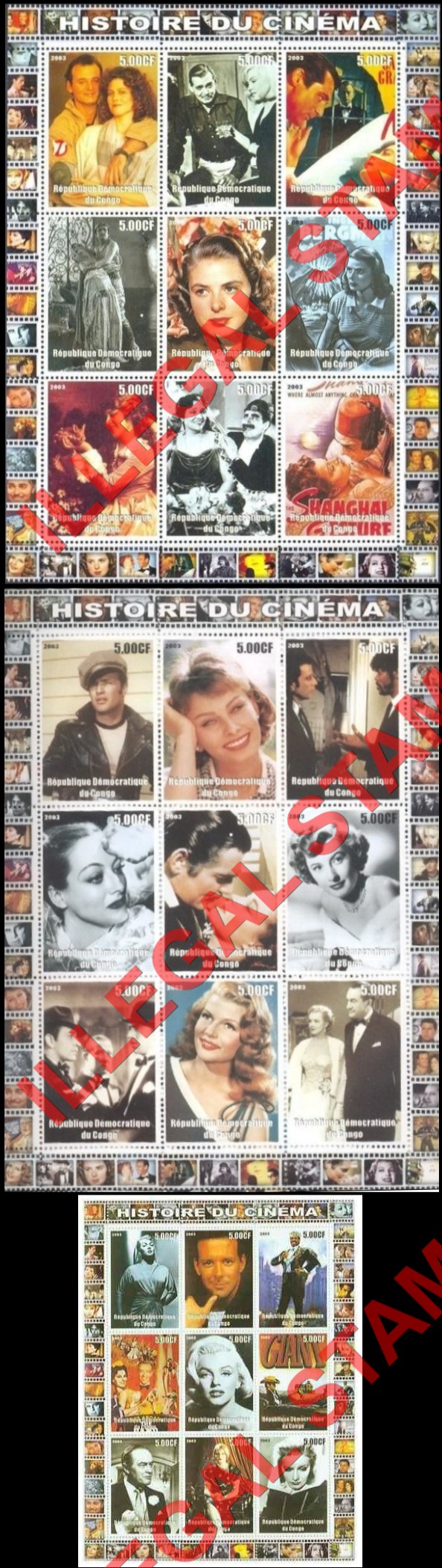 Congo Democratic Republic 2003 History of Cinema Illegal Stamp Sheets of 9 (Part 4)