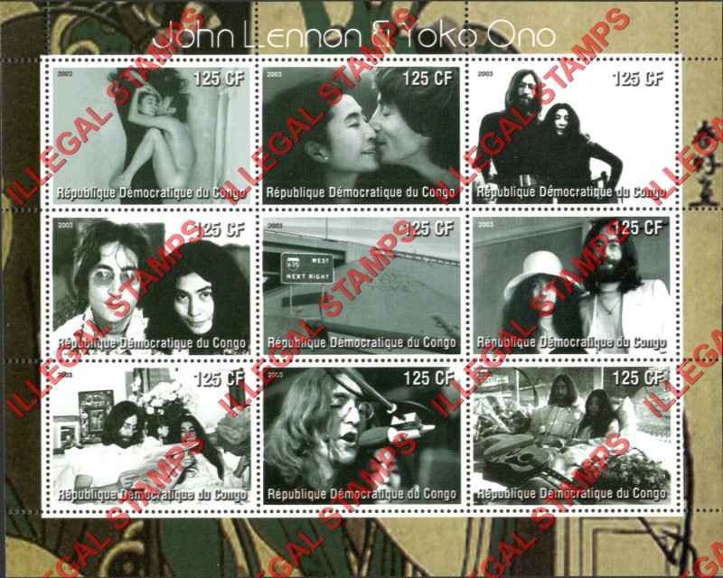 Congo Democratic Republic 2003 John Lennon and Yoko Ono Illegal Stamp Sheet of 9
