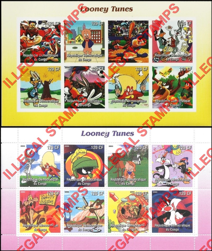 Congo Democratic Republic 2003 Looney Tunes Cartoons Illegal Stamp Souvenir Sheets of 8