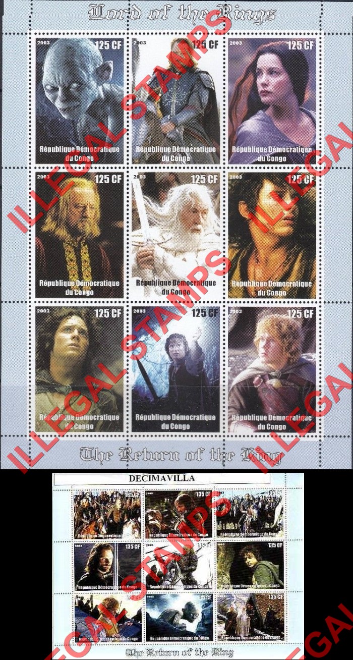 Congo Democratic Republic 2003 Lord of the Rings Illegal Stamp Sheets of 9