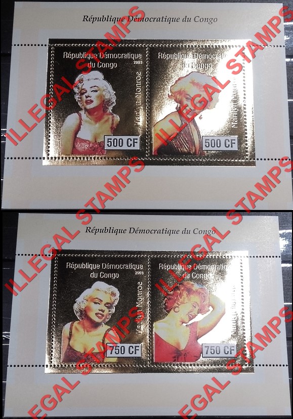 Congo Democratic Republic 2003 Marilyn Monroe Gold Foil Illegal Stamp Souvenir Sheets of 2