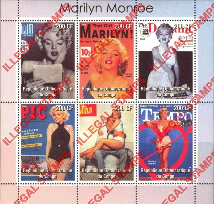Congo Democratic Republic 2003 Marilyn Monroe Illegal Stamp Souvenir Sheet of 6
