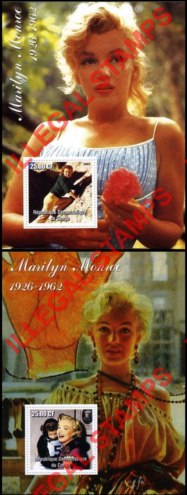 Congo Democratic Republic 2003 Marilyn Monroe Illegal Stamp Souvenir Sheets of 1