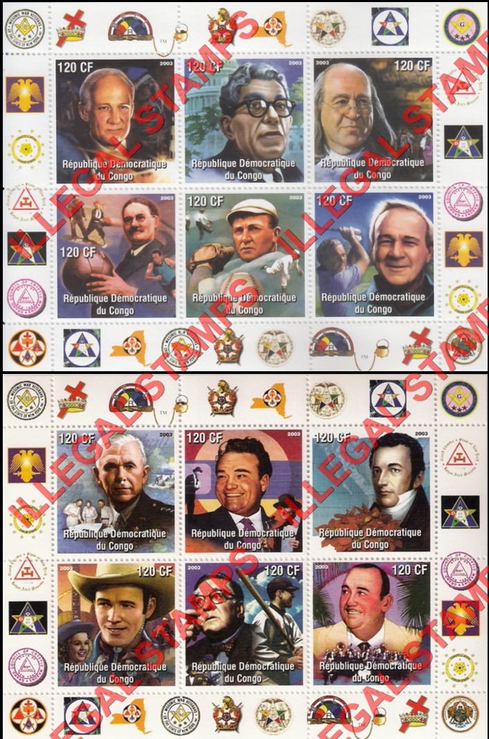 Congo Democratic Republic 2003 Masonic Members Illegal Stamp Souvenir Sheets of 6