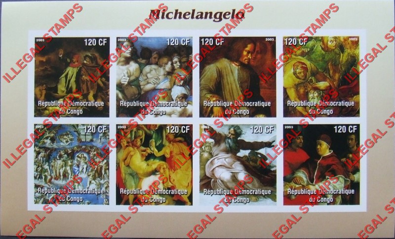 Congo Democratic Republic 2003 Paintings Michelangelo Illegal Stamp Souvenir Sheet of 8