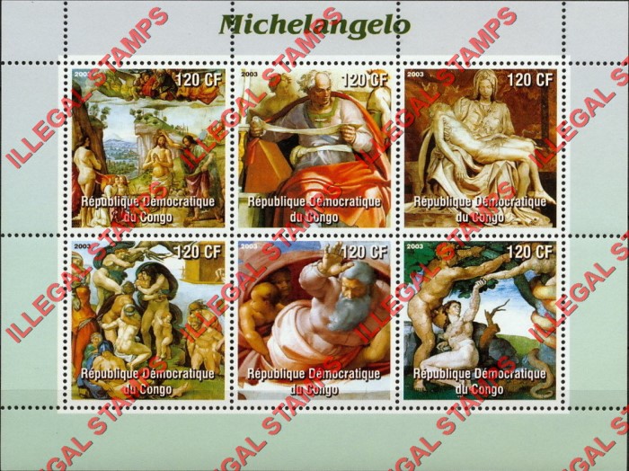 Congo Democratic Republic 2003 Paintings Michelangelo Illegal Stamp Souvenir Sheet of 6