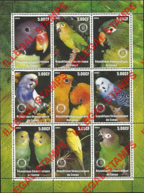 Congo Democratic Republic 2003 Parrots Illegal Stamp Sheet of 9