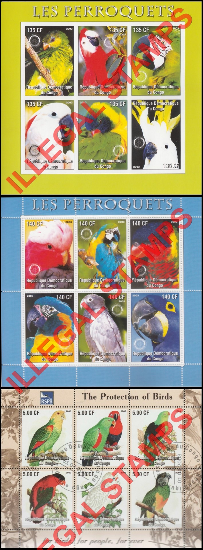 Congo Democratic Republic 2003 Parrots Illegal Stamp Souvenir Sheets of 6