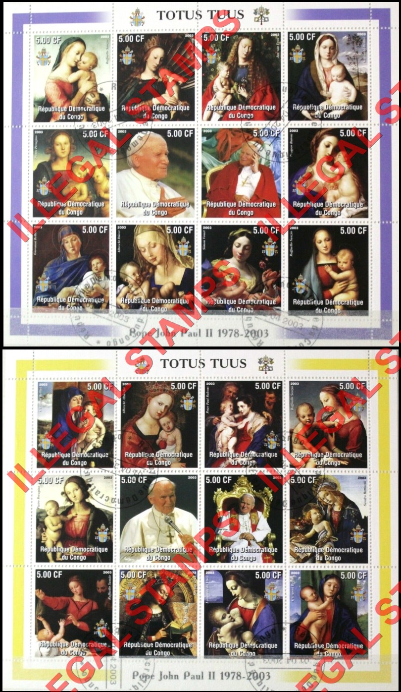 Congo Democratic Republic 2003 Pope John Paul II and Paintings of Madonna and Child Illegal Stamp Sheet of 12