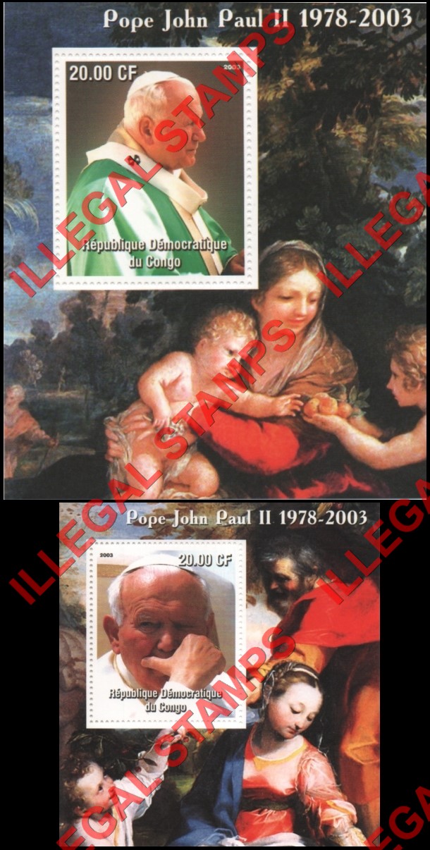 Congo Democratic Republic 2003 Pope John Paul II and Paintings of Madonna and Child Illegal Stamp Souvenir Sheets of 1