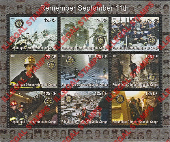 Congo Democratic Republic 2003 Remember September 11th Illegal Stamp Sheet of 9