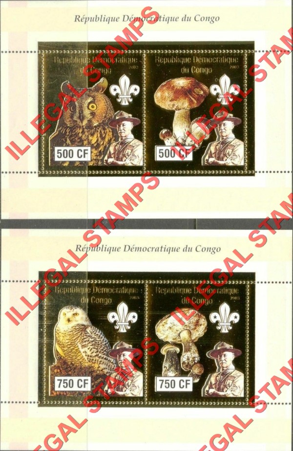 Congo Democratic Republic 2003 Scouts Mushrooms and Owls Gold Foil Illegal Stamp Souvenir Sheets of 2