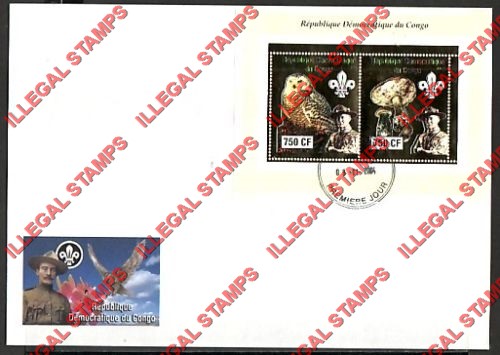 Congo Democratic Republic 2003 Scouts Mushrooms and Owls Gold Foil Illegal Stamp Souvenir Sheet of 2 on Fake First Day Cover