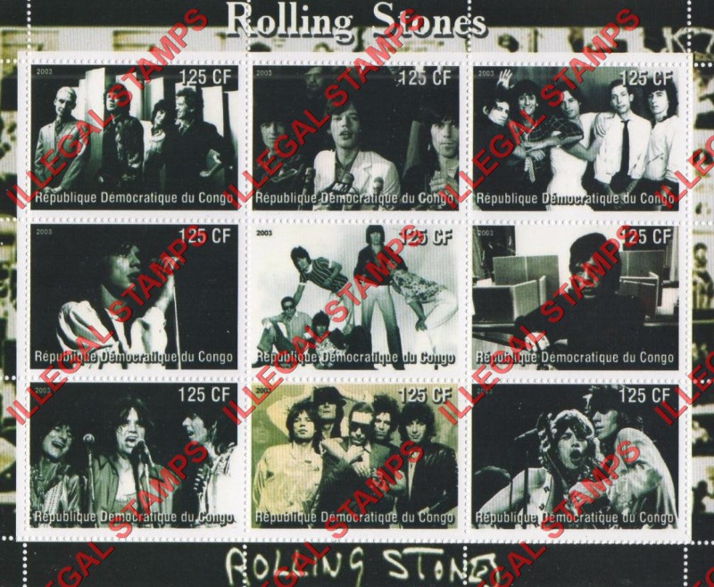 Congo Democratic Republic 2003 The Rolling Stones Illegal Stamp Sheet of 9