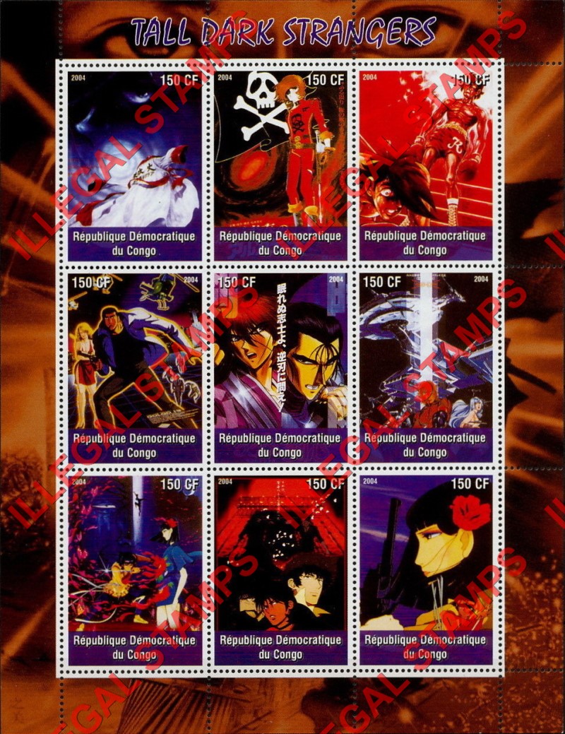 Congo Democratic Republic 2004 Anime Tall Dark Strangers Illegal Stamp Sheet of 9