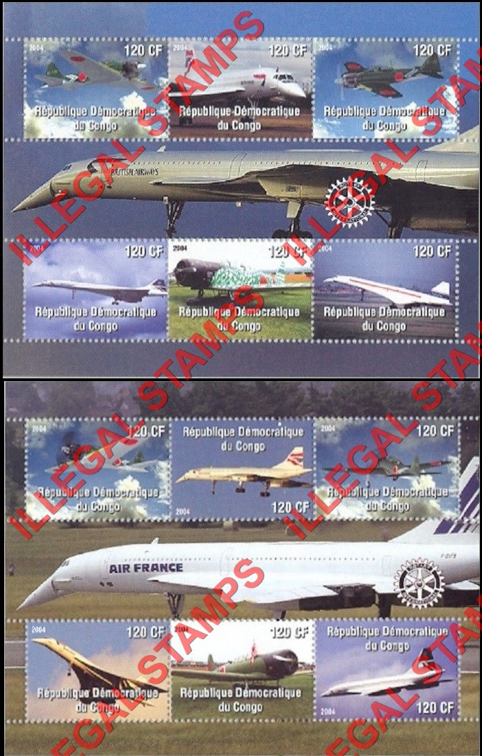 Congo Democratic Republic 2004 Concorde and Fighter Planes Illegal Stamp Souvenir Sheets of 6