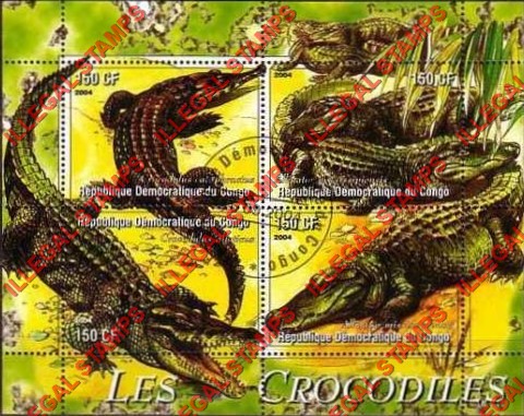 Congo Democratic Republic 2004 Crocodiles Illegal Stamp Souvenir Sheet of 4