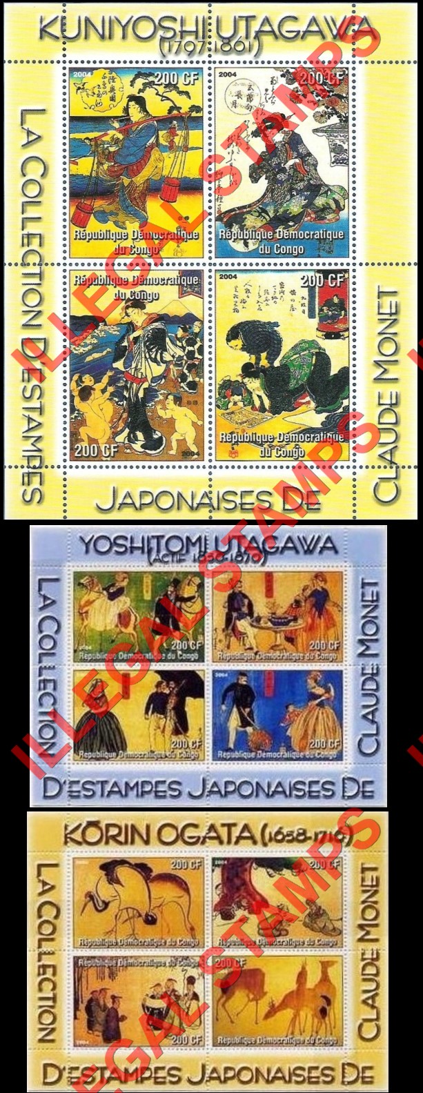 Congo Democratic Republic 2004 Japanese Prints Illegal Stamp Souvenir Sheets of 4