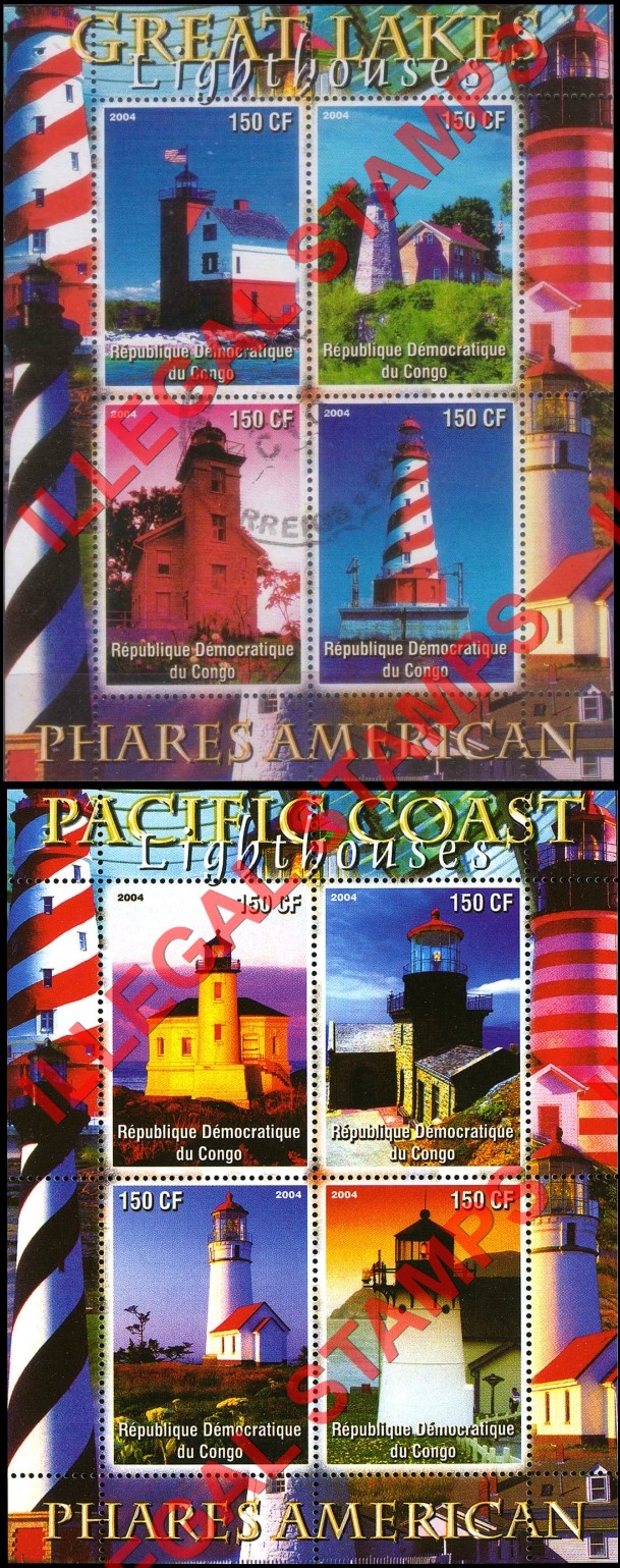 Congo Democratic Republic 2004 Lighthouses American Illegal Stamp Souvenir Sheets of 4 (Part 1)