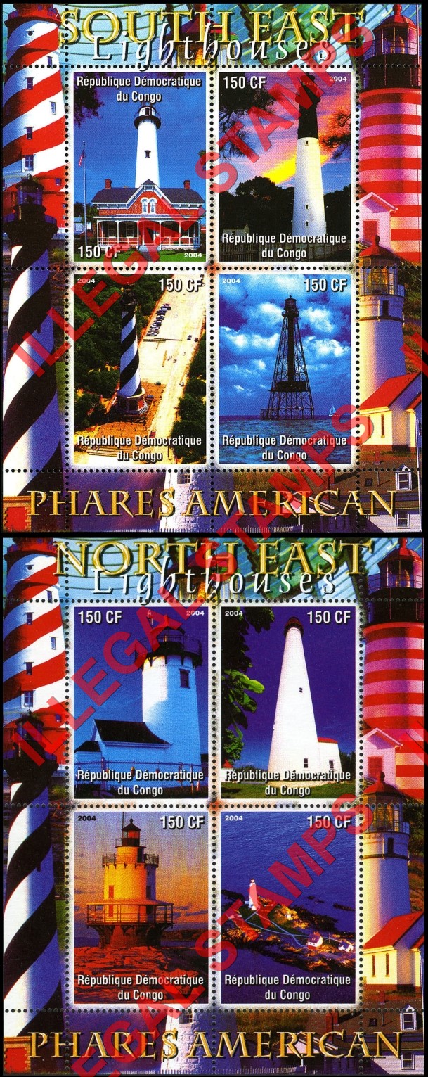 Congo Democratic Republic 2004 Lighthouses American Illegal Stamp Souvenir Sheets of 4 (Part 2)