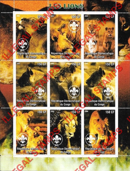 Congo Democratic Republic 2004 Lions Illegal Stamp Sheet of 9