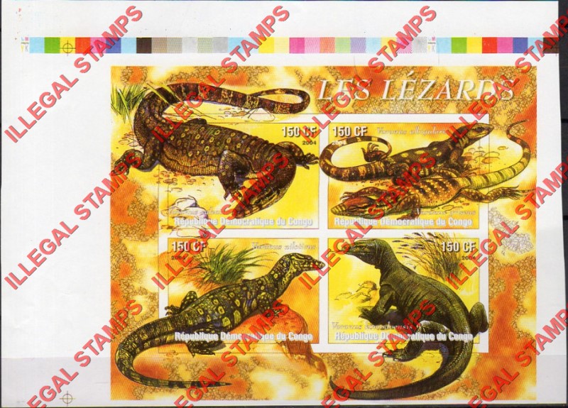 Congo Democratic Republic 2004 Lizards Illegal Stamp Souvenir Sheet of 4