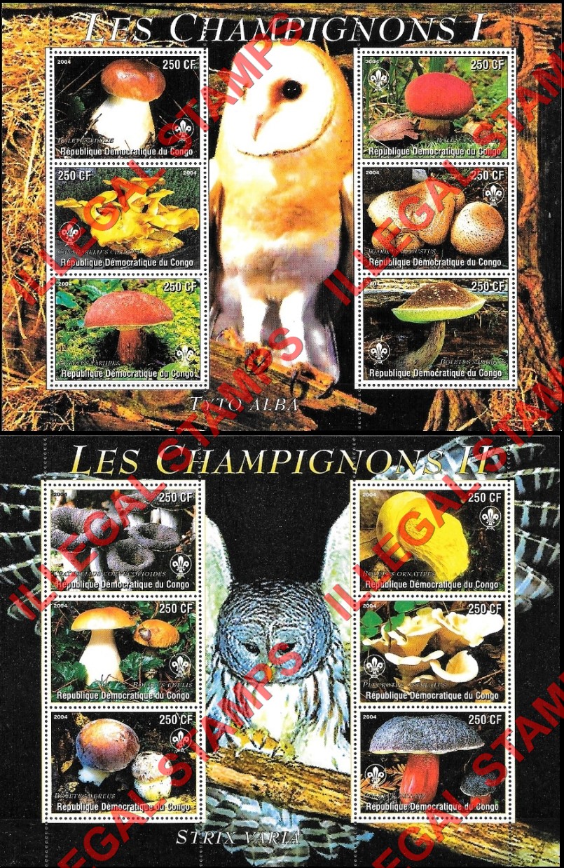Congo Democratic Republic 2004 Mushrooms and Owls Illegal Stamp Souvenir Sheets of 6