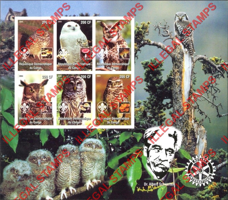 Congo Democratic Republic 2004 Owls Illegal Stamp Souvenir Sheet of 6