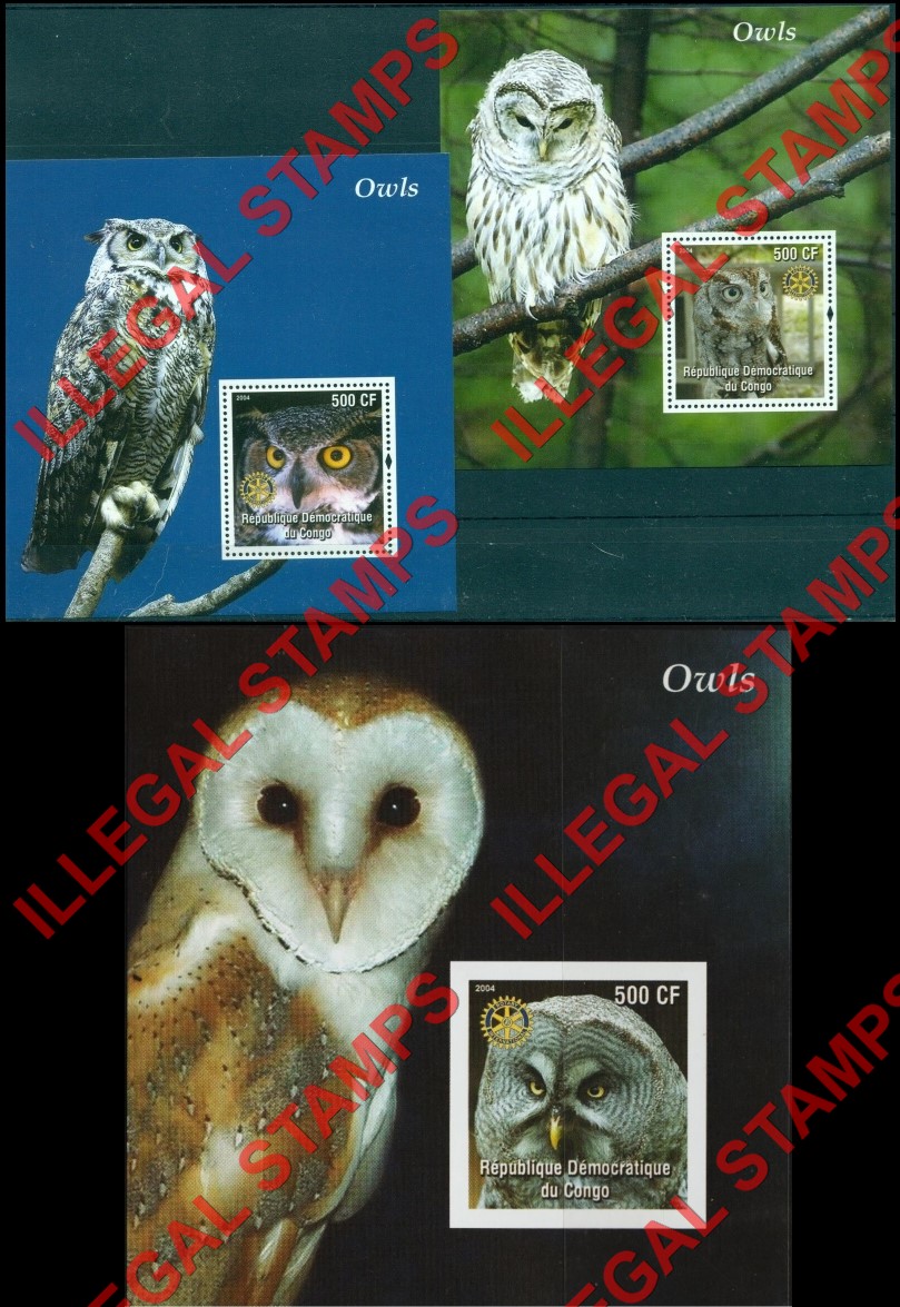 Congo Democratic Republic 2004 Owls Illegal Stamp Souvenir Sheets of 1
