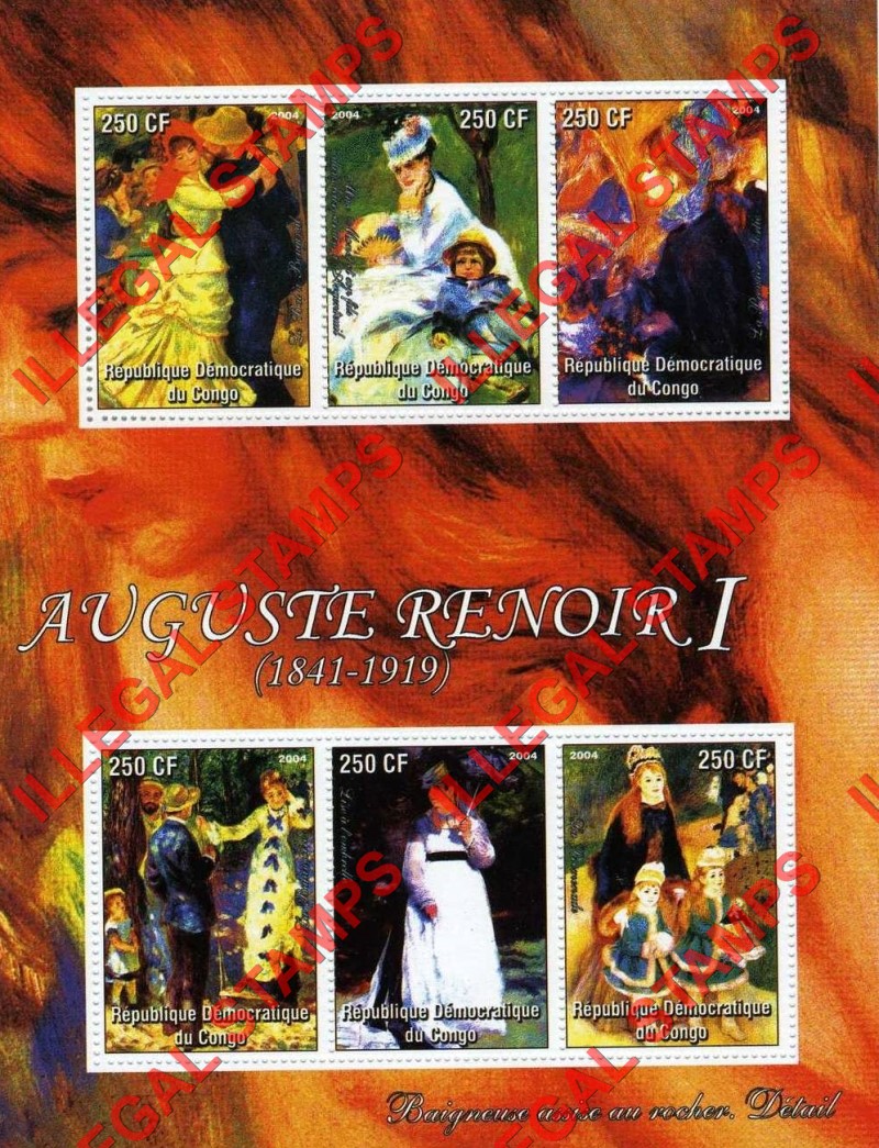Congo Democratic Republic 2004 Paintings Auguste Renoir Illegal Stamp Souvenir Sheet of 6
