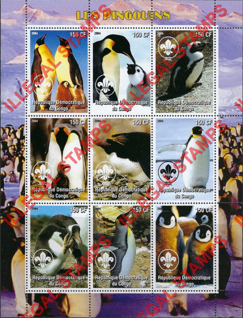 Congo Democratic Republic 2004 Penguins Illegal Stamp Sheet of 9