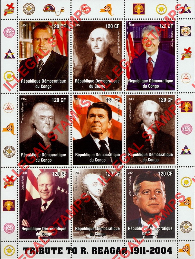 Congo Democratic Republic 2004 Presidents Ronald Reagan Illegal Stamp Sheet of 9