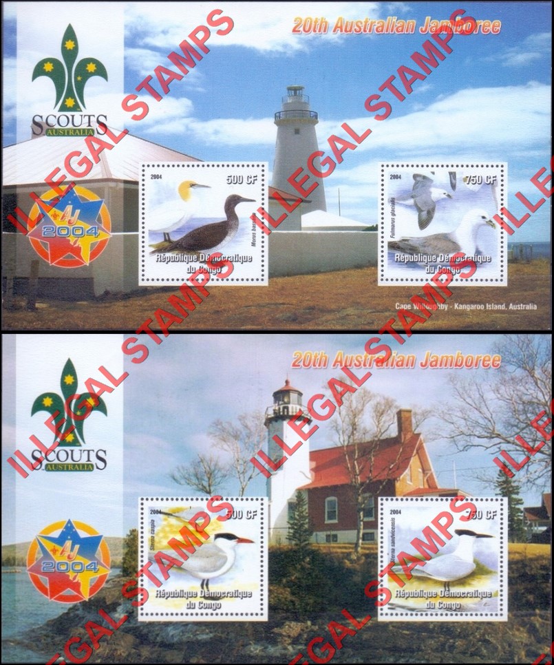 Congo Democratic Republic 2004 Scouts Australian Jamboree and Birds Illegal Stamp Souvenir Sheets of 2
