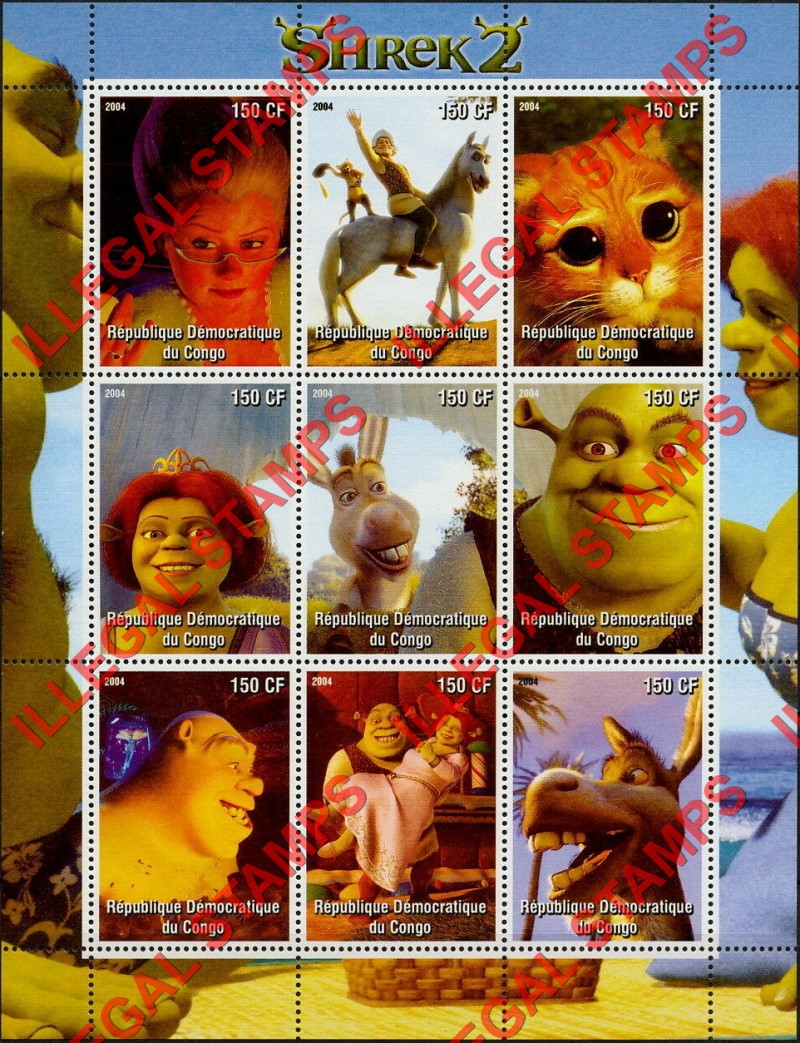 Congo Democratic Republic 2004 Shrek 2 Illegal Stamp Sheet of 9