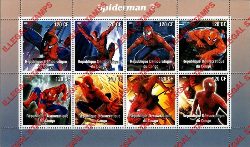 Congo Democratic Republic 2004 Spiderman 2 Illegal Stamp Souvenir Sheet of 8