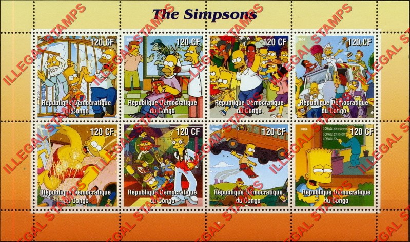 Congo Democratic Republic 2004 The Simpsons Illegal Stamp Souvenir Sheet of 8