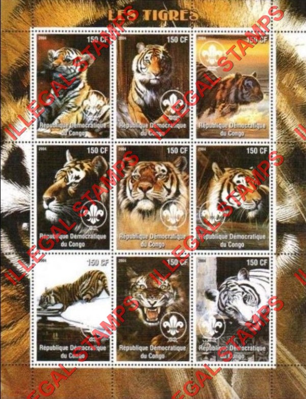 Congo Democratic Republic 2004 Tigers Illegal Stamp Sheet of 9