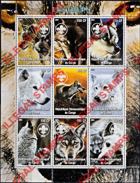 Congo Democratic Republic 2004 Wolves Illegal Stamp Sheet of 9