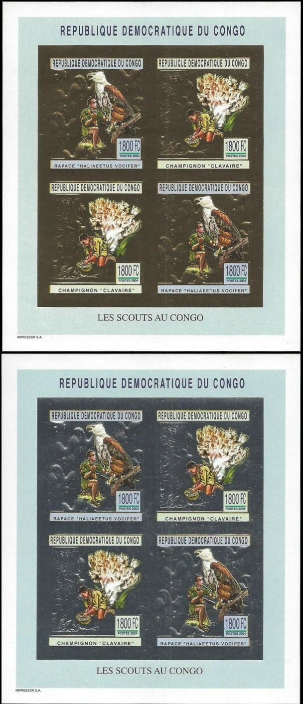 Congo Democratic Republic 2004 Impressor produced Scouts Eagles and Mushrooms Gold and Silver Foil Souvenir Sheets of 4