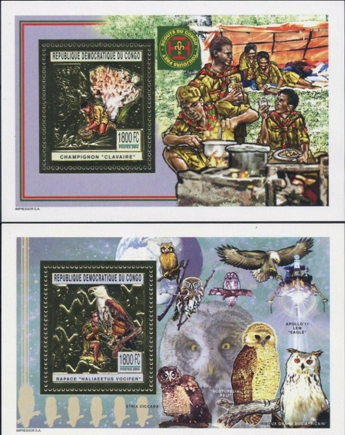 Congo Democratic Republic 2004 Impressor produced Scouts Eagles Owls and Mushrooms Gold Foil Souvenir Sheets of 1