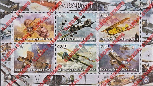 Congo Democratic Republic 2005 Aircraft Illegal Stamp Souvenir Sheet of 6