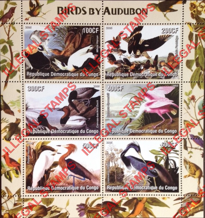 Congo Democratic Republic 2005 Birds by John James Audubon Illegal Stamp Souvenir Sheet of 6
