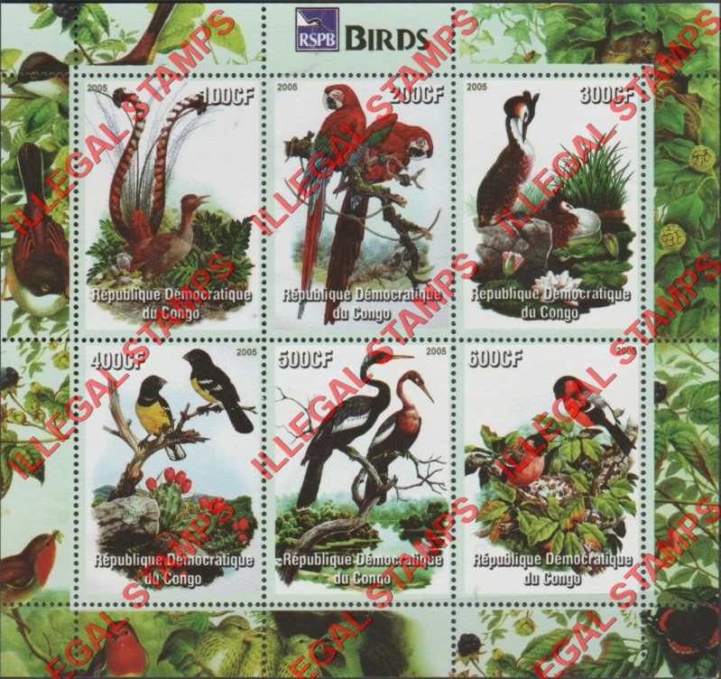 Congo Democratic Republic 2005 Birds RSPB (The Royal Society for the Protection of Birds) Illegal Stamp Souvenir Sheet of 6
