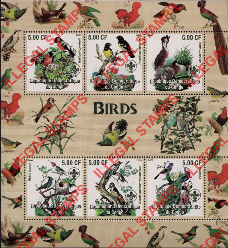 Congo Democratic Republic 2005 Birds Illegal Stamp Souvenir Sheet of 6