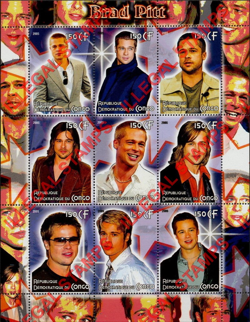 Congo Democratic Republic 2005 Brad Pitt Illegal Stamp Sheet of 9