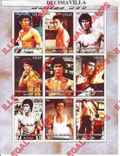 Congo Democratic Republic 2005 Bruce Lee Illegal Stamp Sheet of 9