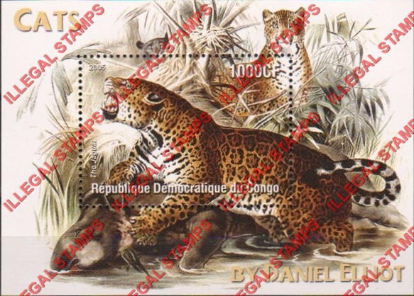 Congo Democratic Republic 2005 Cats by Daniel Elliot Illegal Stamp Souvenir Sheet of 1